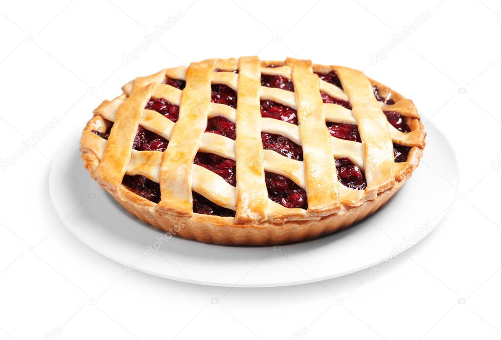 Delicious fresh cherry pie isolated on white