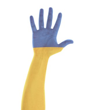 Avuç içi görünüyor, yakın plan. Ukrayna bayrağının renkleri