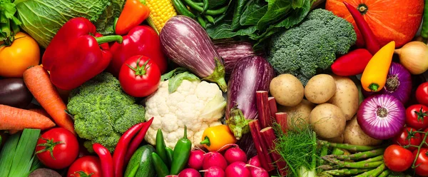 Many Fresh Different Vegetables Background Top View Banner Design — Stock Photo, Image