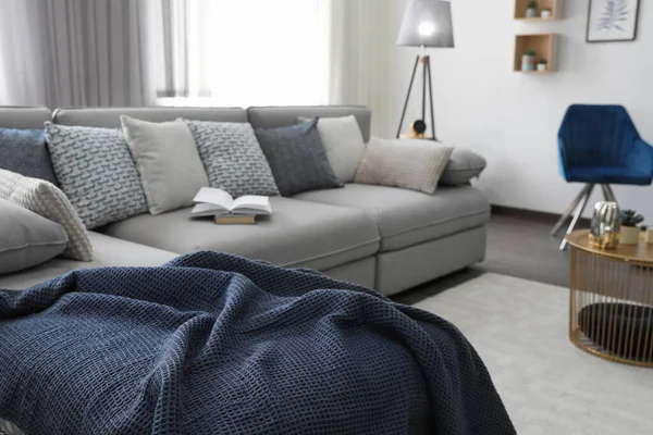 Elegant Stue Med Behagelig Sofa Nær Vinduet Innvendig Utforming – stockfoto