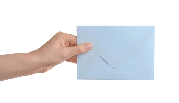 Mulher Segurando Envelope Papel Fundo Branco Close — Fotografia de Stock