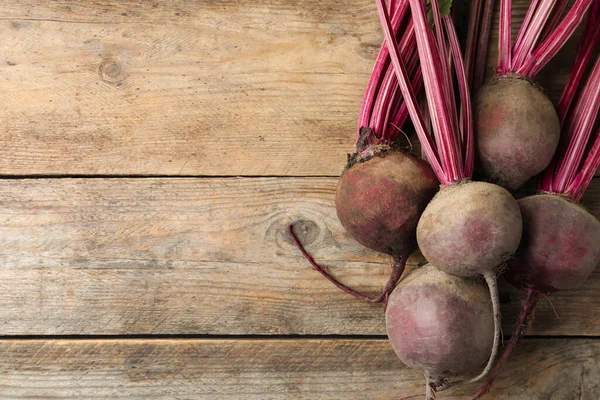 Raw Ripe Beets Wooden Table Flat Lay Space Text — Stock Photo, Image