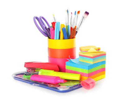 Set of colorful school stationery on white background clipart