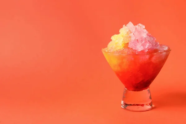 Rainbow Shaving Ice Glass Dessert Bowl Orange Background Closeup Space — Stock Photo, Image