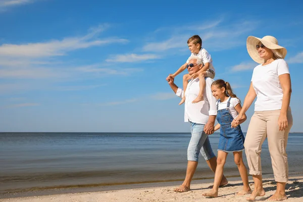 Schattige Kleine Kinderen Met Grootouders Samen Tijd Doorbrengen Zee Strand — Stockfoto