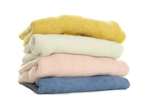 Montón Diferentes Suéteres Calientes Aislados Blanco — Foto de Stock