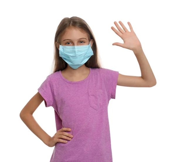 Little Girl Protective Mask Showing Hello Gesture White Background Keeping — Stock Photo, Image
