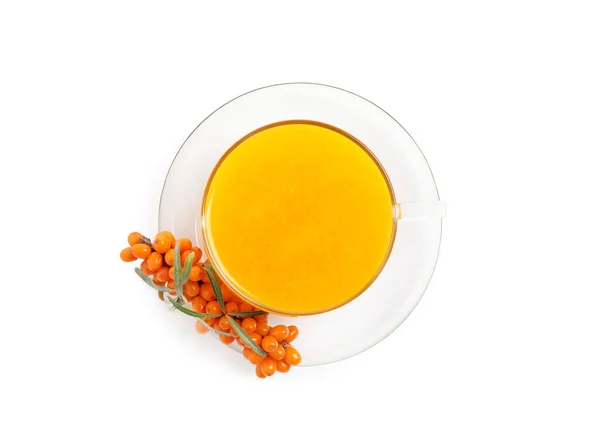 Sea Buckthorn Tea Fresh Berries Isolated White Top View — Stock Photo, Image