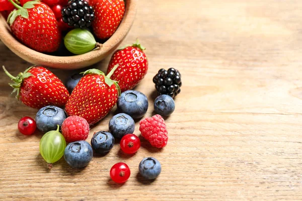 Mix Ripe Berries Wooden Table Closeup — Stock Photo, Image