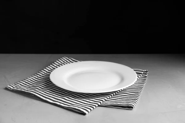 Empty Ceramic Plate Towel Light Grey Table — Stock Photo, Image