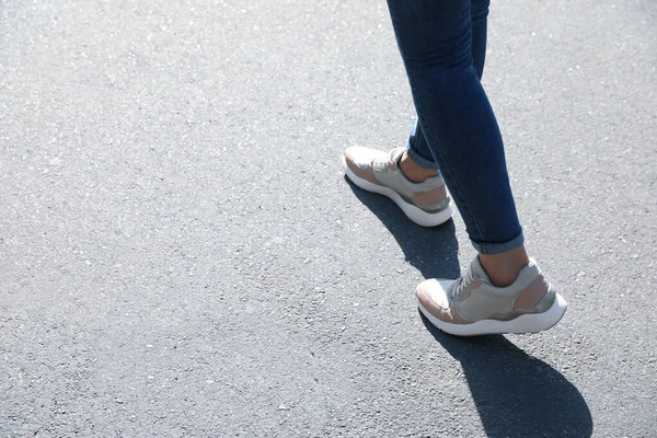 Woman Walking Outdoors Closeup Space Text Choosing Way Concept — Stock Photo, Image