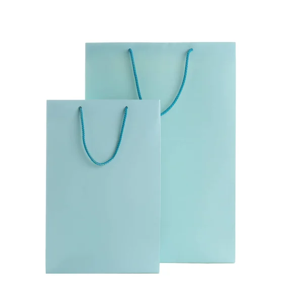 Lichtblauwe Papieren Boodschappentassen Geïsoleerd Wit — Stockfoto