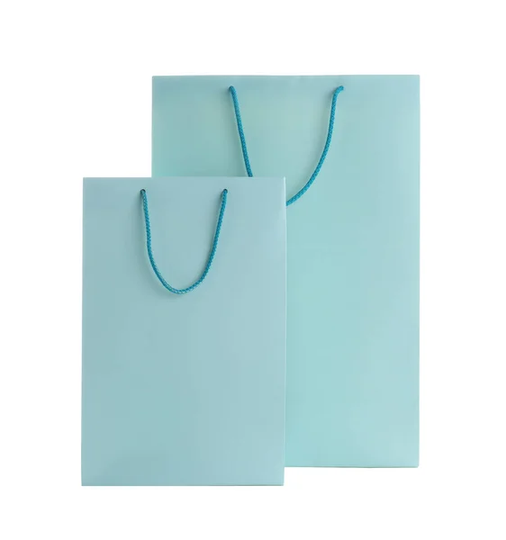 Bolsas Compras Papel Azul Claro Aisladas Blanco — Foto de Stock