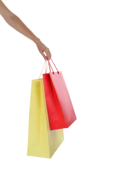 Woman Paper Shopping Bags White Background Closeup — Stock Photo, Image