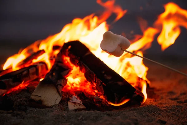 ビーチで薪を燃やす上でマシュマロを焙煎し クローズアップ — ストック写真