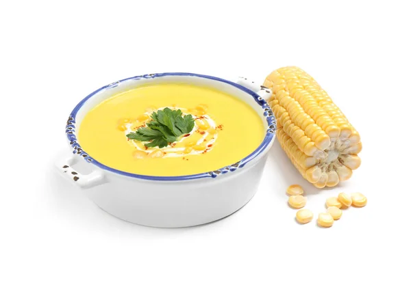 Delicious creamy corn soup and cob isolated on white