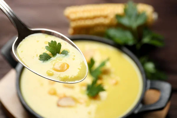 Spoon Delicious Corn Soup Full Pot Closeup — Stock Photo, Image