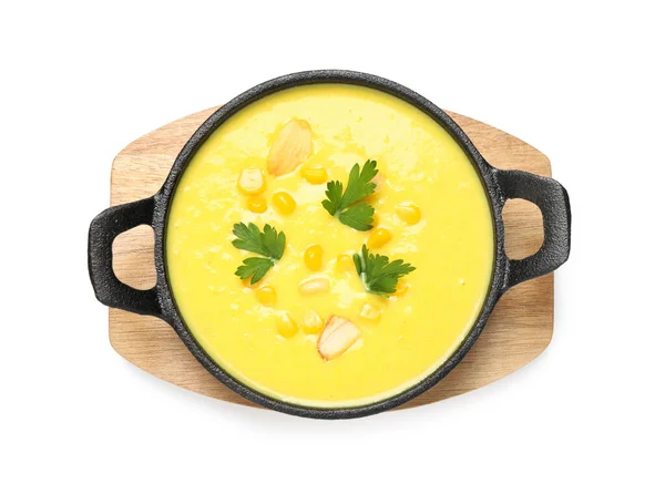 Sopa Milho Cremosa Deliciosa Isolada Branco Vista Superior — Fotografia de Stock