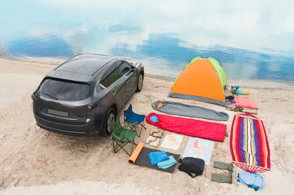 Car Camping Equipment Sandy Beach Summer Trip — Stock Photo, Image