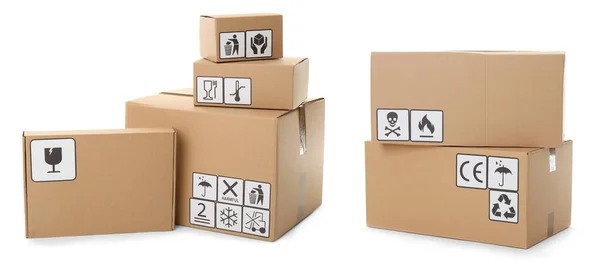 Uppsättning Kartonger Med Förpackningssymboler Vit Bakgrund Banderolldesign — Stockfoto