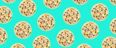 Turkuaz arka planda deniz ürünleri pizza dizaynı 