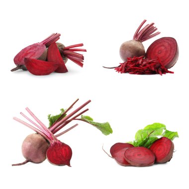 Beyaz arka planda bir dizi taze pancar 