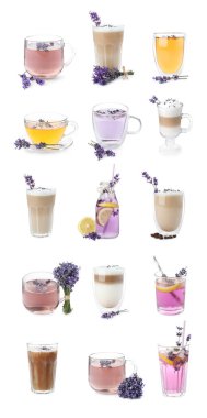 Beyaz arka planda lavantalı farklı içecekler.