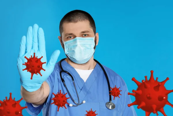 Stop Covid Uitbraak Dokter Draagt Medisch Masker Omringd Door Virus — Stockfoto