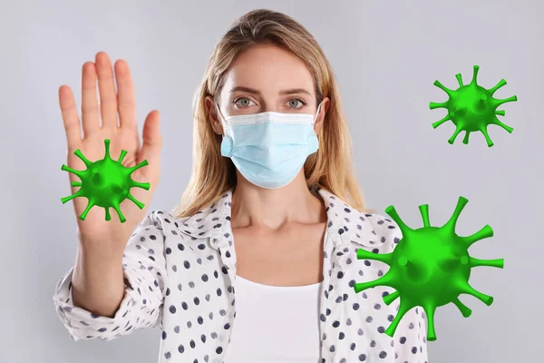 Stoppa Utbrottet Covid Kvinna Bär Medicinsk Mask Omgiven Virus Ljus — Stockfoto