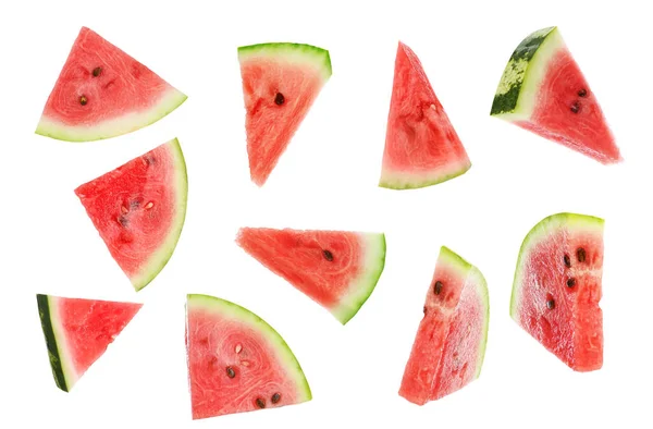 Fresh Watermelon Pieces Falling White Background — Stock Photo, Image