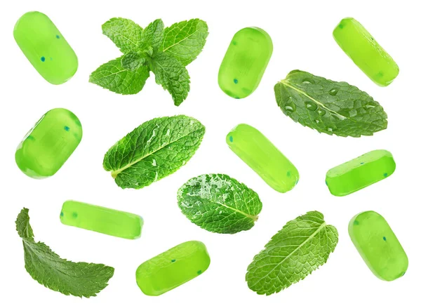 Set Mint Hard Candies Green Leaves White Background — Stock Photo, Image