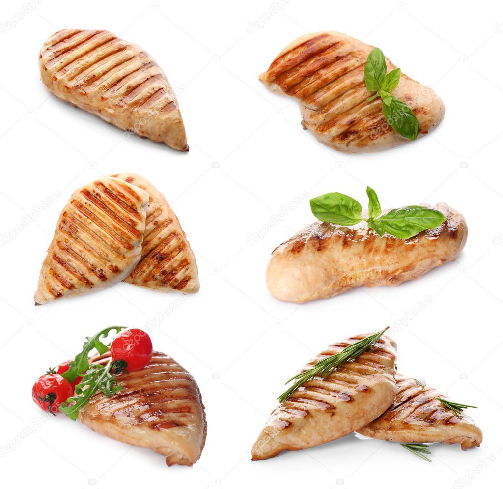 Set of grilled chicken breasts on white background