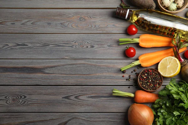 Composición Plana Con Ingredientes Para Cocinar Mesa Madera Espacio Para — Foto de Stock