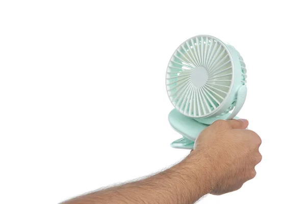 Man Met Draagbare Ventilator Witte Achtergrond Close Zomer Warmte — Stockfoto