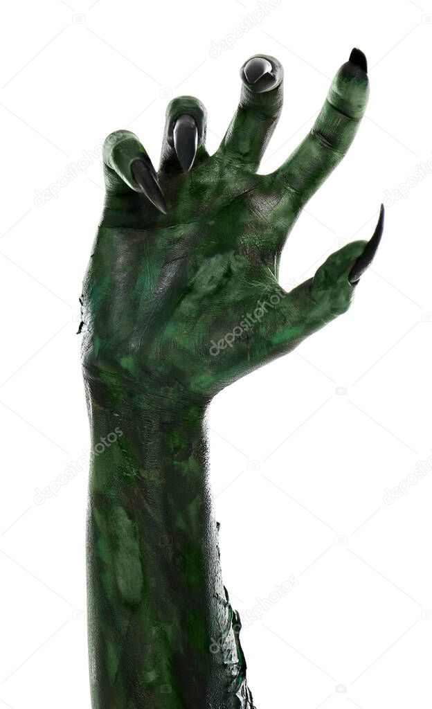 Scary monster on white background, closeup of hand. Halloween character