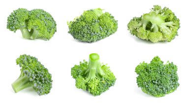 Beyaz arka planda taze yeşil brokoli seti