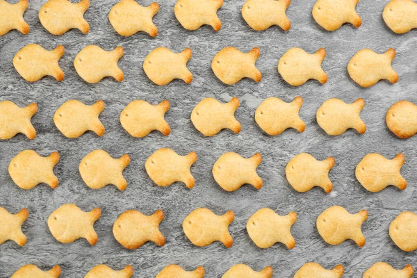 Deliciosos Biscoitos Peixe Dourado Mesa Cinza Flat Lay — Fotografia de Stock