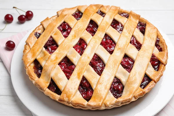 Delicious Fresh Cherry Pie White Table Closeup — Stock Photo, Image