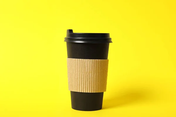 Takeaway Paper Coffee Cup Cardboard Sleeve Yellow Background — Stock Photo, Image