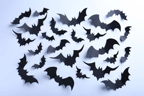 Many Black Paper Bats White Background Flat Lay Halloween Decor — Stock Photo, Image