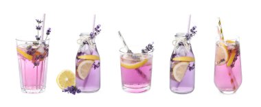 Beyaz arka planda lavantalı limonata ile ayarlandı. Pankart tasarımı 