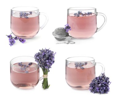 Beyaz arkaplanda lavanta çayı ile ayarlandı