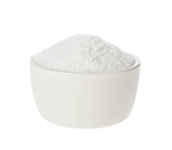 Schüssel Mit Natürlichem Salz Isoliert Auf Weiß — Stockfoto