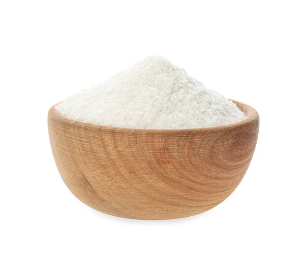 天然塩を白に隔離した木の器 — ストック写真