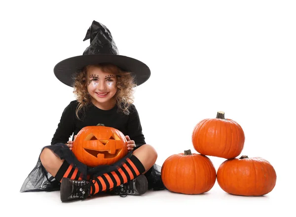 Aranyos Kislány Tök Fej Jack Lámpa Visel Halloween Jelmez Fehér — Stock Fotó
