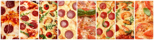 Collage Mit Verschiedenen Pizzen Nahaufnahme Bannerdesign — Stockfoto