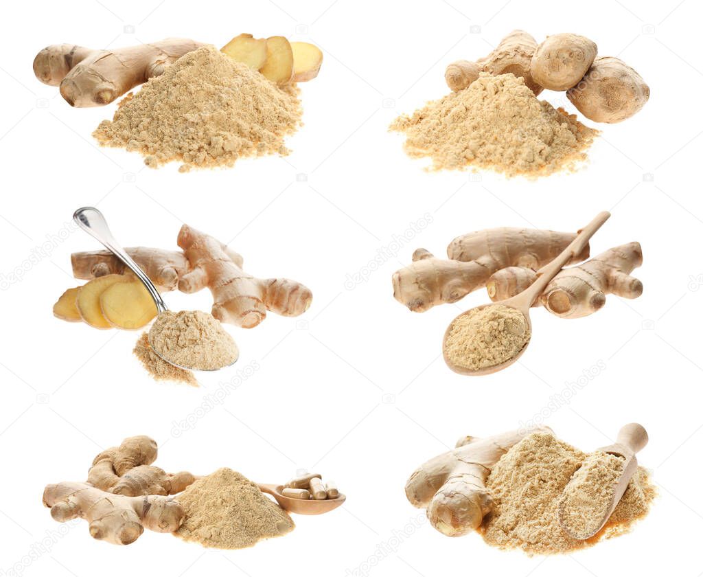 Set with ginger root and powder on white background 