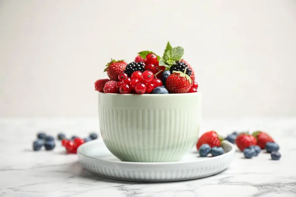 Mix Ripe Berries White Marble Table — Stock Photo, Image