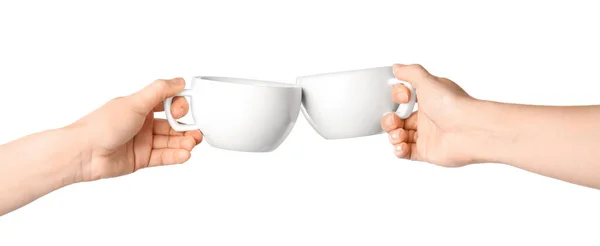 Femmes Tasses Cliquetis Sur Fond Blanc Gros Plan — Photo