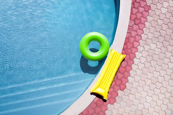 Inflatable Ring Floating Swimming Pool Top View Space Text Summer — Stock Photo, Image
